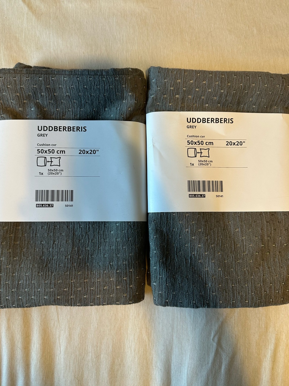 IKEA Uddberberis Grey 20x20 Cushion Cover (2 total covers)